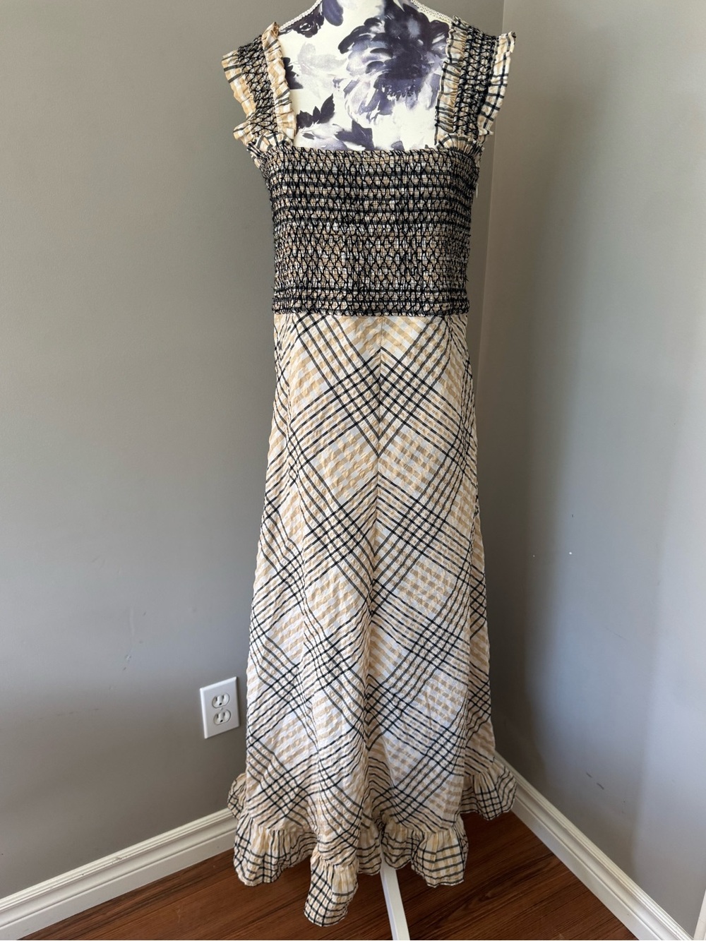Ganni Charron Plaid Seersucker Maxi Dress With Smocked Bodice & Ruffle Hem